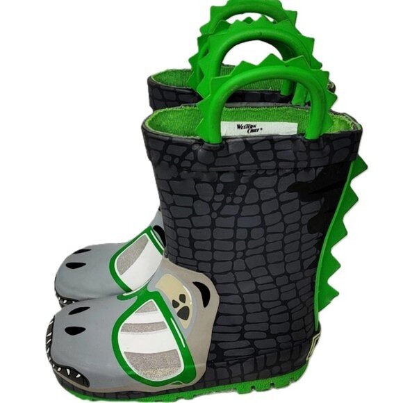 Western Chief Jurassic Jake Dinosaur Rain Boots Youth Size 1 Charcoal Green - Picture 3 of 16
